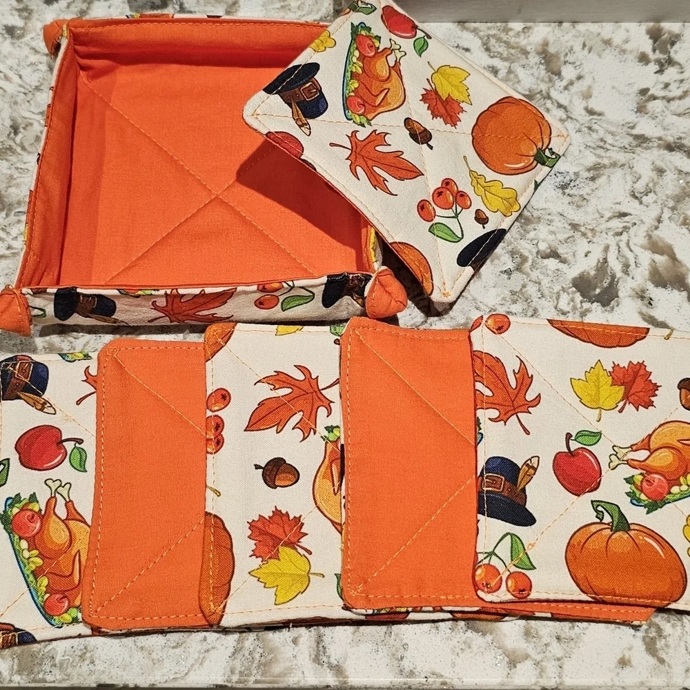 Handmade Fall Thanksgiving Harvest Print Cotton Reversible Set Of 6 Coasters